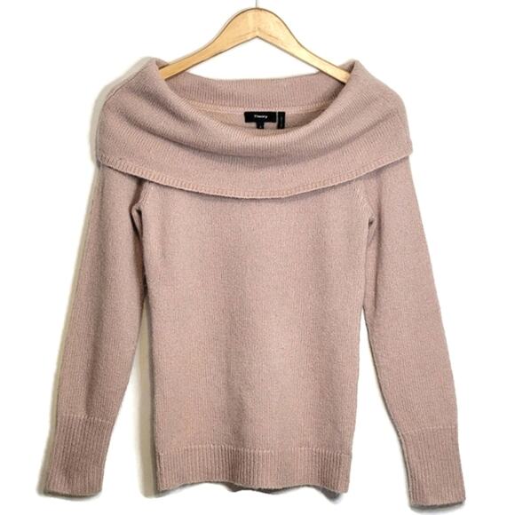 Theory Off The Shoulder Long Sleeve Light Pink Wool Blend Pullover Sweater Small - Picture 1 of 14